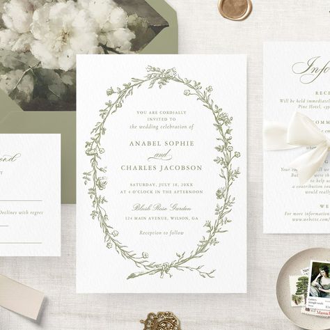 Elegant Floral Wreath Vintage Botanical Wedding Invitation. Hand Drawn Floral Sage Green Wedding Invitation Wording Template. Modern Calligraphy Script Invitation Wedding Invitation Wording Templates, Vintage Inspired Wedding Invitations, Botanical Invitation, Formal Wedding Invitation, Calligraphy Invitation, Vintage Sage Green, Green Invitation, Green Invitations, Floral Wreath Design