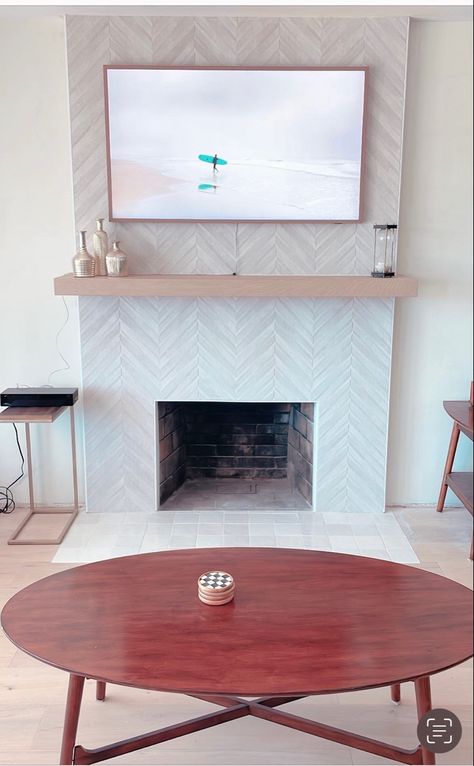 Fireplace Tile Ideas Floor To Ceiling, Herringbone Tiled Fireplace, Neutral Tile Fireplace, Beige Tile Fireplace, Cream Tile Fireplace, Fireplace White Tile, Tile Fireplace Floor To Ceiling, Gas Fireplace Tile Surround, Tile Wall Fireplace