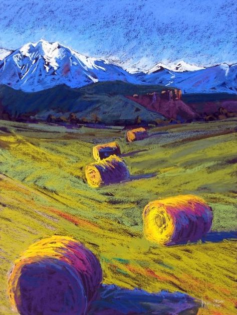 Oil Pastel Landscape, Chalk Pastel Art, Soft Pastel Art, Pastel Artwork, Oil Pastel Paintings, Charcoal Drawings, Pastel Landscape, Hay Bales, Oil Pastel Art