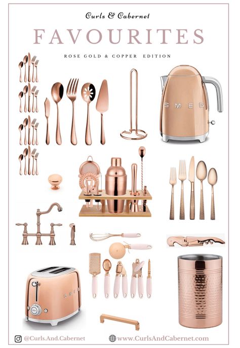 White Rose Gold Kitchen, Rose Gold Kitchen Hardware, Rose Gold Kitchen Ideas, Kitchen Rose Gold, Rose Gold Kitchen Accessories, Kitchen Brick, Rose Gold Flatware, Copper Kitchen Accessories, Gold Kitchen Accessories