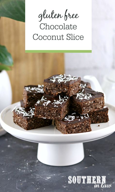 Gluten Free Chocolate Coconut Slice Recipe - this easy slice recipe is made in minutes with crisp, chewy edges and a creamy frosting on top. No mixer needed, just melt, mix, bake and enjoy! With all the flavour of a bounty bar, these frosted bars are a bit like a cookie crossed with a brownie. Also nut free and the perfect school lunchbox treat! Csiro Recipes, Healthy Lunchbox Recipes, Chocolate Coconut Slice, Baking Snacks, Lunchbox Recipes, Healthy Slice, Nourishing Food, Coconut Slice, Healthy Afternoon Snacks