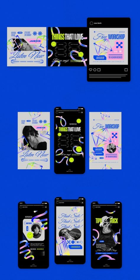 Blue Y2K Fashion Instagram Pack - Social Media Templates Adobe Illustrator Photoshop Y2k Post Instagram, Y2k Instagram Post Ideas, Denim Social Media Post, Y2k Social Media Design, Y2k Social Media, Digital Visualization, Y2k Design, Instagram Graphics, Blue Y2k