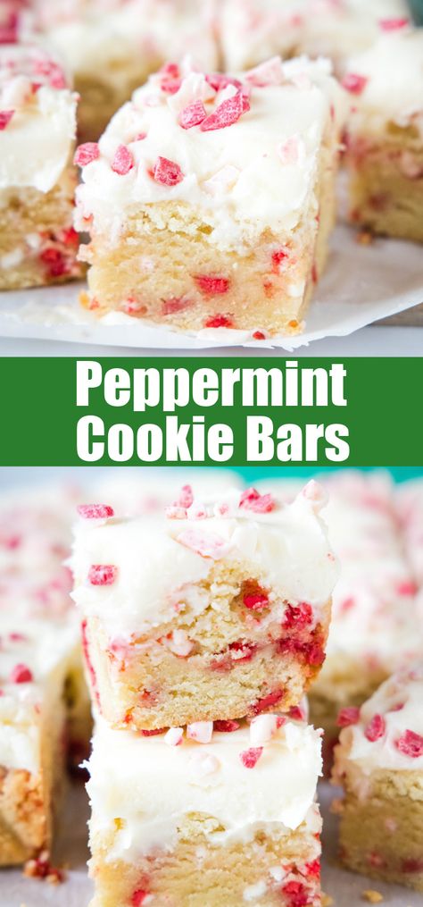 Peppermint Sugar Cookie Bars - Sugar Cookies in the form of a bar.  Thick, chewy, and full of peppermint chips.  Topped with a butter cream frosting and more peppermint shavings! Peppermint Baking Chips Recipes, Cookies And Cream Dream Bars 12 Tomatoes, Cookies With Peppermint Chips, Peppermint Sugar Cookie Bars, Peppermint Chip Recipes, Sugar Cookie Bars From Mix Betty Crocker, Peppermint Dessert Recipes, Peppermint Cookies Recipe, Sugar Cookie Bars Recipe