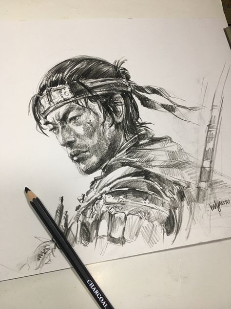 Jin Sakai Drawing, Samurai Armor Design Drawing, Jin Sakai Fanart, Ghost Of Tsushima Sketch, Ghost Of Tsushima Drawing, Samurai Sketch Drawing, Ghost Of Tsushima Black And White, Ghost Of Tsushima Legends Art, Ghost Of Tsushima Art