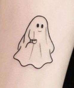 Halloween Micro Tattoos, Tiny Cute Grim Reaper Tattoo, Ghost And Coffee Tattoo, Ghost Holding Coffee Tattoo, Ghost With Coffee Tattoo, Small Bat Tattoo Simple, Cartoon Ghost Tattoo, Simple Creepy Tattoos, Tiny Ghost Tattoo