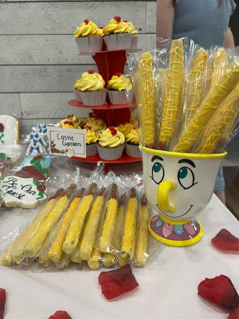 Beauty And The Beast Treat Table, Beauty And The Beast Theme Birthday Party, Disney Candy Table, Beauty And The Beast 1st Birthday Party, Beauty And The Beast 16th Birthday Party, Chip From Beauty And The Beast, Beauty And The Beast Birthday Party Ideas, Beauty And The Beast Bridal Shower