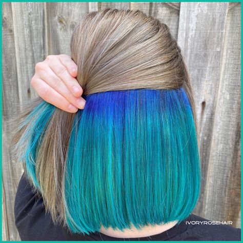 Underlights, vivid hair, blonde, deep blue and teal Reddish Blonde Hair, Under Hair Color, Blue And Pink Hair, Hidden Hair Color, Highlights Hairstyles, Mama Hair, Amber Hair, Underlights Hair, Vivid Hair