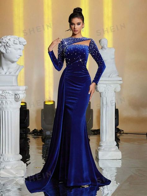 Women's & Men's Clothing, Shop Online Fashion | SHEIN Dress Long Sleeve Formal, Gown For Wedding Guest, Evening Dress Long Sleeve, Royal Blue Party, Gown For Wedding, Graduation Dinner, Navy Blue Velvet, Long Sleeve Dress Formal, Women Bodycon Dress