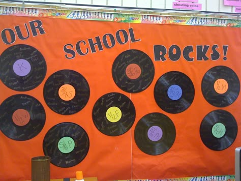 Our School Rocks Music Bulletin Board. Use old records, put the class in the center, and write the first name of each student with a bright paint pen.Students love finding their name! Decades Bulletin Board Ideas, Colorful Gel Nails, Education Bulletin Boards, Nails Ideas For Summer, Music Room Bulletin Boards, Music Classroom Bulletin Boards, Learning Room, Music Bulletin Board, Music Bulletin Boards