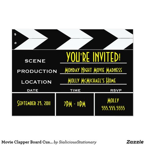 Movie Clapper Board Custom Invitation Bring a little movie magic to your next event! Whether you're hosting a birthday party, a movie night or simply rolling out the red carpet for some other bash, this fun invitation is sure to get compliments. Based on the iconic visual of a movie clapper board, used in the industry to begin takes for movie scenes, the invitation has the distinctive white and black arrow design at the top and chalkboard-like fields that have been updated for use as an invitati Red Carpet Party Invitations, Movie Clapper Board, Movie Clapper, Movie Party Invitations, Hollywood Birthday Parties, Clapper Board, Hollywood Birthday, Movie Birthday Party, Red Carpet Party