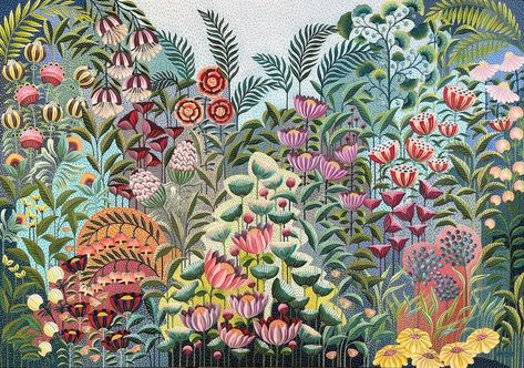 Nidhi Mariam Jacob on Instagram: “Fantasy Garden - HEALING SEASON 1 Acrylic on canvas. 42”x60” SOLD For the collection of @nitikakhosla @nidhimjc #acryliconcanvas…” Fleurs Art Nouveau, Garden Paintings, Installation Street Art, Fantasy Garden, Nature Goddess, Fantasy Flowers, Flower Watch, Mic Drop, Keramik Design