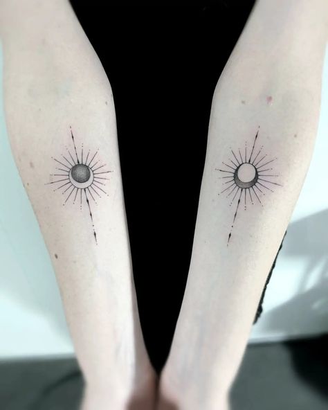 Sun And Moon Tattoo Geometric, Moon In The Sun Tattoo, Sun Moon Bff Tattoos, Moon To Sun Tattoo, Sun To Moon Tattoo, Moon And Sun Friend Tattoo, Couple Tattoo Sun And Moon, Sun Friendship Tattoo, Moon Sun Tattoo Couple