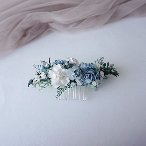 Blue Hairpiece, Rustic Winter Wedding Colors, White Headpiece, Blue Hair Clip, Quinceanera Accessories, Floral Hair Piece, Dance Hair, Floral Hair Comb, Alaska Wedding