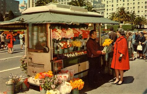 STREET FLOWER VENDORS  Perhaps the most unique of San Francisco's institutions are the colorful flower stands of the street vendors.  Bright... Flower Vendor, Flower Carts, San Francisco Vintage, Flower Shop Interiors, San Francisco Cable Car, Vintage San Francisco, Flower Truck, Street Vendor, Street Vendors