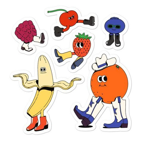 Fruit Character Design, Jade Tattoo, Fruits Cartoon, Lauren Martin, Fruit Character, Art Vibe, Fruit Cartoon, Vintage Stickers, Stickers Design