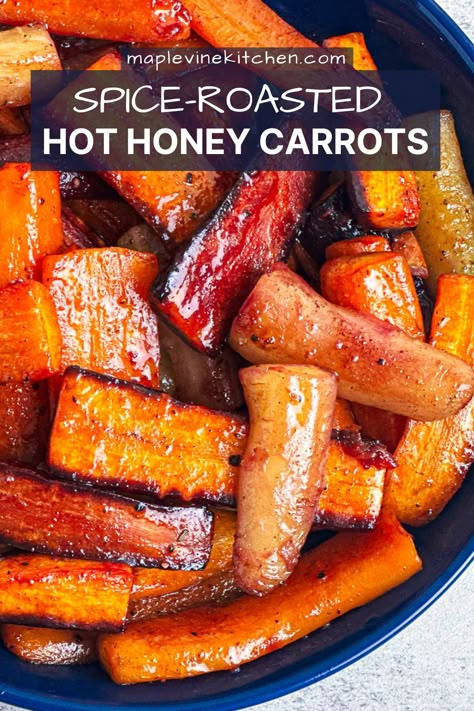 Sweet meets heat in this flavorful roasted hot honey carrots recipe. The combo of hot honey and warming spices like cinnamon and ginger gives a delightful kick that's both bold and balanced. These spicy-sweet carrots pair beautifully with everything from your holiday roast to a casual BBQ, making it a versatile choice for any occasion. Follow us for more simple seasonal recipes with a little bit of fancy! What To Use Hot Honey With, Recipes That Use Hot Honey, Hot Honey Uses, Asian Carrots Recipe, Recipes With Hot Honey, Honey Carrots Recipe, Hot Honey Carrots, Hot Honey Recipes, Honey Butter Glaze