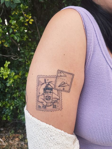 Envelope Tattoo With Flowers, Harry Styles Stamp Tattoo, Postcard Tattoo Ideas, Taylor Swift Stamp Tattoo, Travel Postage Stamp Tattoo, Travel Stamp Tattoo, Fine Line Postage Stamp Tattoo, Stamp Tattoo Design, Vienna Postcard Tattoo