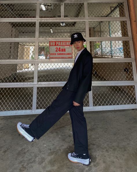 black adidas bucket hat, black suit & converse run star hike Runstar Hike Outfit, Converse Hike Star Outfits, Converse Run Star Hike Outfit Men, Bucket Hat Outfit Mens, Converse Runstar Hike, Runstar Hike, Converse Run Star Hike Outfit, Hike Outfit, Bucket Hat Outfit