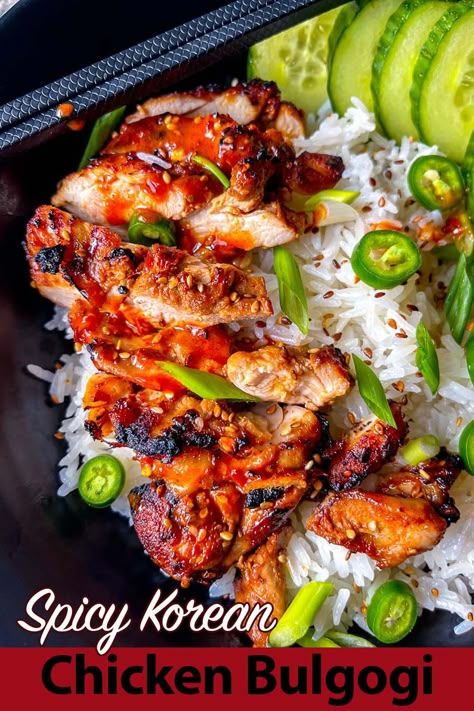 Chicken Bulgogi or Dak-Bulgogi is a spicy Korean dish that's really easy to prepare and guaranteed to be a new family favorite! The marinated chicken thighs are broiled in the oven for 5 minutes and have a spicy, garlicky, and sweet flavor. Chicken Bulgogi is served over white rice, but can also be served in a lettuce wrap or with a salad instead. #chickenbulgogi #bulgogi #hildaskitchenblog Chicken Bulgogi Recipe Korean Food, Spicy Korean Bbq Chicken, Korean Chicken Bowl Recipe, Chicken Bugolgi, Korean Chicken Bulgogi Recipe, Korean Marinated Chicken, Chicken Bulgogi Bowl, Korean Recipes Chicken, Korean Chicken Dishes