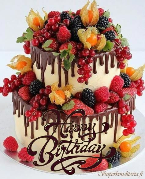 Cake Decorated With Fruit, Tårta Design, Fresh Fruit Cake, Happy Birthday Cake Pictures, Happy Birthday Wishes Cake, Happy Birthday Cake Images, Birthday Wishes Cake, Beautiful Birthday Cakes, Crazy Cakes