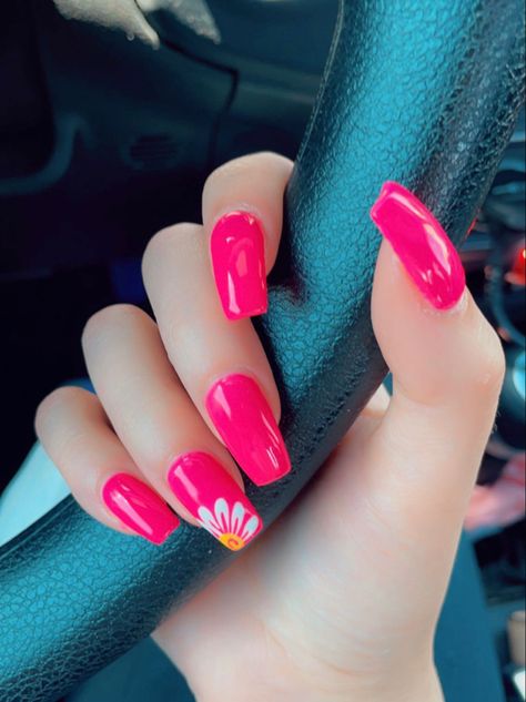 Pink May Nails, Nails With A Flower Design, Nail Art Designs Coral, Hot Pink Nails With White Flowers, Hot Pink With Design Nails, Designs For Pink Nails, Bright Pink Nails With Flowers, Pink Fuschia Nails, Hot Pink Nails Design Ideas