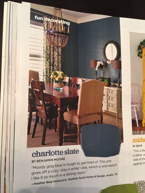 Charlotte Slate by Benjamin Moore - January HGTV magazine.  Blue gray paint color Charlotte Slate Benjamin Moore, Charlotte Slate, Turquoise Paint Colors, Dining Room Colour Schemes, Light Grey Paint Colors, Colors Bedroom, Blue Gray Paint Colors, Blue Bedroom Design, Dining Room Paint Colors