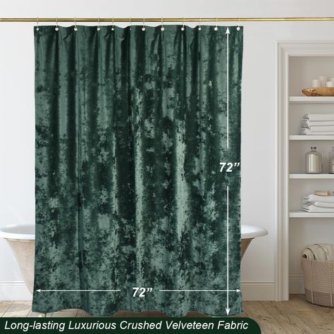 This Luxurious hunter green crushed velvet shower curtain set is a perfect addition to your bathroom decor. Made from high-quality distressed velveteen fabric, this shower curtain offers a rich and elegant look that is sure to impress. Velvet Shower Curtain, Gold Bathroom Fixtures, Cortinas Boho, Luxury Shower Curtain, Gothic Bathroom, Green Bathroom Decor, Gold Bathroom Decor, Extra Long Shower Curtain, Black Bathroom Decor