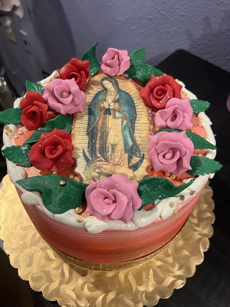 Virgin Mary theme Virgin Mary Cake, Virgin Cake Ideas, No Longer A Virgin Cake, Lost Your Virginity Cake, Losing Your Virginity Cake, Blessed Virgin Mary’s Birthday, Mary Cake, Virgin Of Guadalupe, Quince