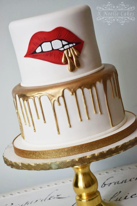 Red lips with gold drizzle By K Noelle Cakes 39 Birthday Cake For Women, Grown Woman Birthday Cake, Lip Cakes, Designer Cakes For Women, 39th Birthday Cake For Women, Red And Gold Birthday Cake, Lip Shaped Cake, Lips Birthday Cake, White Cake With Red Drip