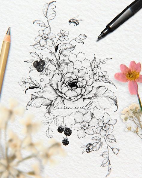 Flower Tattoo With Honeycomb, Fine Line Berry Tattoo, Honey Bee Flower Tattoo, Glute Tattoo, Berry Tattoos, Daffodil Tattoo Design, Peony Tattoo Design, Bee And Flower Tattoo, Daisy Tattoo Designs