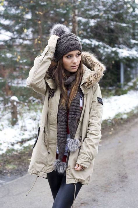 Rock a beige parka with black leather leggings to get a laid-back yet stylish look.   Shop this look on Lookastic: https://lookastic.com/women/looks/beige-parka-black-leggings-charcoal-beanie/23468   — Charcoal Knit Beanie  — Charcoal Knit Scarf  — Beige Parka  — Black Leather Leggings New York Winter Outfit, Parka Outfit, Chic Winter Coat, Outfit Boots, Winter Coat Outfits, New York Winter, Winter Outfits Warm, Hiking Outfit Women, Warm Clothes