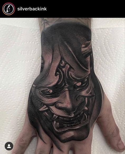 Oni Mask Hand Tattoo Design, Guys With Hand Tattoos, Hanya Mask Hand Tattoo, Oni Hands Tattoo, Oni Mask Hand Tattoo, Samurai Hand Tattoo, Omi Mask, Hennya Mask, Demon Hand Tattoo