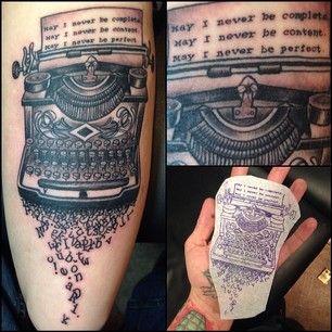 So awesome! | 26 Amazing Typewriter Tattoos That Will Inspire You To Write Journalist Tattoo Ideas, Antique Inspired Tattoos, Author Tattoo Writers, Journalist Tattoo, Writer Tattoo Ideas, Author Tattoo, Writer Tattoos, Tattoo Typewriter, Typewriter Tattoo