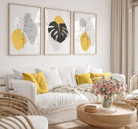 Neutral And Yellow Living Room, Yellow Aesthetic Living Rooms, Pale Yellow Living Room Ideas, Living Room With Yellow Accents, Diy Clothesline, Clothesline Outdoor, Boho Wall Prints, Yellow Decor Living Room, Cute Living Room