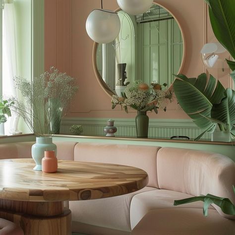 Pastel Pink and Green makes for a cute and calming atmosphere Pink And Green Interior, Matcha Cafe, Green Cafe, Blue Cafe, Green Interior Design, Orange Aesthetic, Pink Interior, Green Baby, Green Interiors