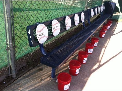 Dug Out ideas name tag baseball plates in batting order buckets full of goodies and water Baseball Buckets For Dugout, Tball Coach, Dugout Mom, Dugout Organization, Softball Dugout, Softball Team Mom, Baseball Treats, Baseball Plate, Team Mom Baseball