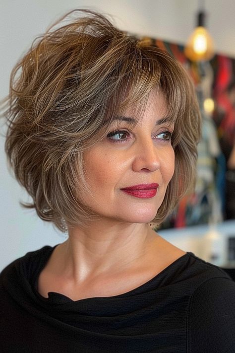 A woman with a layered feathered bob and peek-a-boo bangs highlighted in honey tones. Textured Bob With Bangs Fine Hair, Feathered Shag Haircut, Feathered Bob With Bangs, Shaggy Bob For Fine Hair Over 50, Across Bangs, Bob Hair Cuts, Bobbed Hairstyles With Fringe, Flippy Hair, Honey Highlights