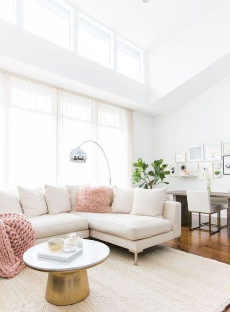 Pink, White, Gold Feminine Living Room, White Couch, White Furniture Living Room, Marianna Hewitt, Mongolian Fur, Fiddle Fig, Rose Gold Decor, White Couches, Fur Pillow