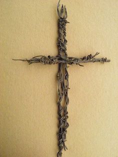 rustic cross tattoo - Google Search Barb Wire Cross, Diy Barbed Wire, Guy Crafts, Crafts For Guys, Virgin Mary Garden, Barb Wire Art, Barbed Wire Crafts, Barb Wire Crafts, Wire Horse