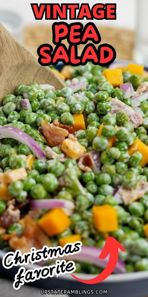 Pea Salad  for side dish Pinterest pin. Healthy Pea Salad Recipes, Pea Salad Recipes Cold, Pea Salad Recipes Easy, Cracked Out Pea Salad, Easy Pea Salad, Sweet Pea Salad, Cold Pea Salad, Special Salad, Green Pea Salad