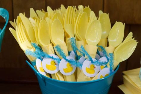 Sweet-Rubber-Ducky-Shower-Silverware Diy Rubber Duck Decorations, Rubber Duck Party Favors, Baby Duck Baby Shower Ideas, Rubber Duck Party Food, Duckie Birthday Party, Rubber Duckie Baby Shower Ideas, Rubber Duck Party Ideas, Duckling Baby Shower Theme, Rubber Duck Baby Shower Ideas