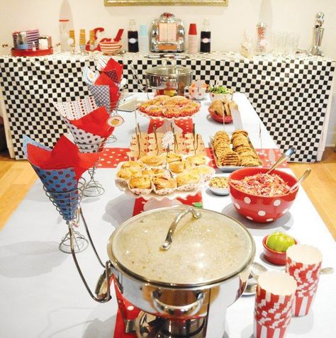 Playful “Retro Diner” Inspired Birthday Party Easy Themes, Diner Birthday Party, Mom 50th Birthday, 1950s Party Ideas, Retro Dinner Party, 50s Birthday, Dinner Party Menu Ideas, Party Menu Ideas, 50s Theme