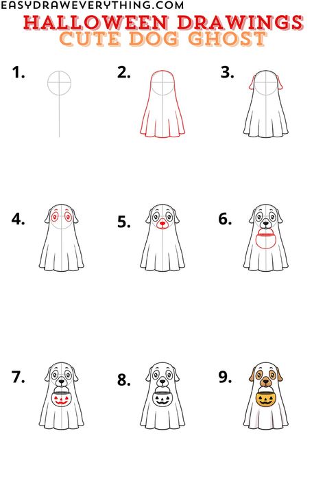 Cute dog ghost Step By Step Halloween Drawing, How To Draw A Dog Step By Step, Dog Doodles Simple, Ghost Dog Drawing, How To Draw A Ghost, Cute Halloween Drawings, Dog Drawing Simple, Dog Ghost, Ghost Drawing