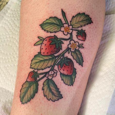 Traditional Style Strawberry Tattoo, Strawberry Shoulder Tattoo, Strawberry Vine Tattoos, Fruit Flash Tattoo, Strawberry Traditional Tattoo, American Traditional Strawberry Tattoo, Traditional Fruit Tattoo, Traditional Sleeve Tattoo For Women, Traditional Strawberry Tattoo