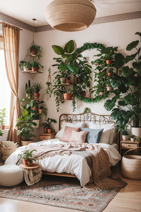 Like❤️ | Follow✅ | Comment✉️ Click the Link to Shop for Your Perfect Decor Now!🛋️ #homeinspo #homedecor #naturalhaven #bohohaven #boho #chic #aesthetic #cozy #bedroominspo #luxedecor #luxurydecor Picture Credits - @martinaberlina Boho Bedroom With Plants And Lights, Boho Plants Bedroom, Plant Lovers Bedroom, Botanical Bedroom Aesthetic, Dreamy Boho Bedroom, Modern Plant Bedroom, Bohemian Bedroom Plants, Boho Nature Bedroom, Plants In Bedroom Decoration