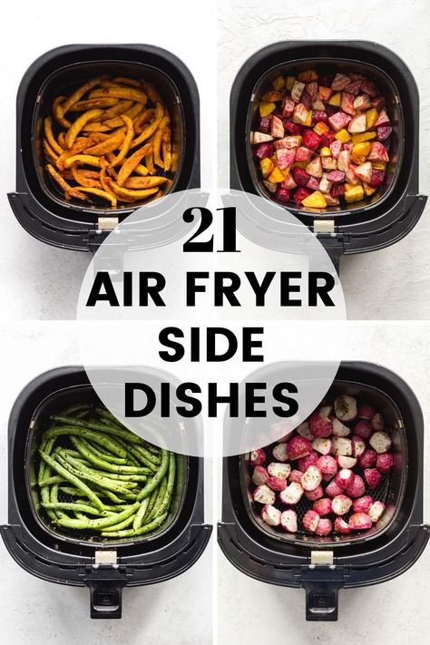 Collage of four images of side dishes in an air fryer basket. Side Dishes Air Fryer, Side Dishes In Air Fryer, Veggie Side Dishes Air Fryer, Air Fryer Side Dishes Healthy, Vegetable Side Dishes Air Fryer, Easy Weeknight Side Dishes, Air Fryer Freezer Meals, Weeknight Side Dishes, Air Fryer Sides