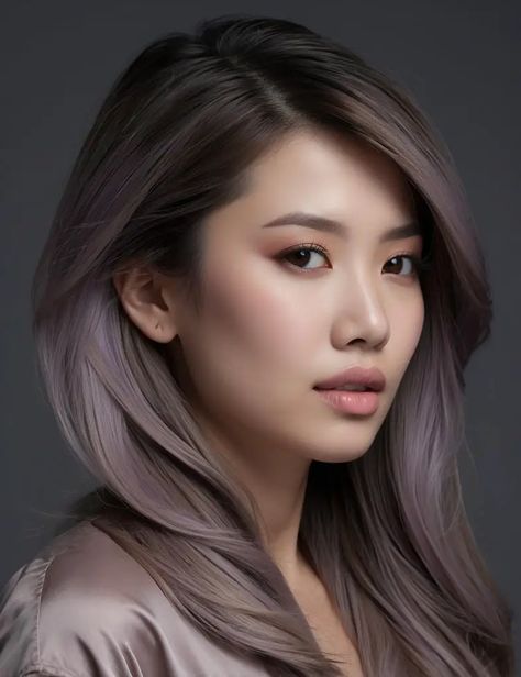 35 Hair Color Ideas For Asian Women With Straight Hair Blending Gray Hair Asian Women, Highlights To Cover Gray Hair Asian, Asian Hair Color Low Maintenance, Gray Blending Asian Hair, Hair Color Ideas Grey Ash, Best Highlights For Asian Hair, Hair Asian Color, Haircuts For Straight Asian Hair, Less Damaging Hair Color