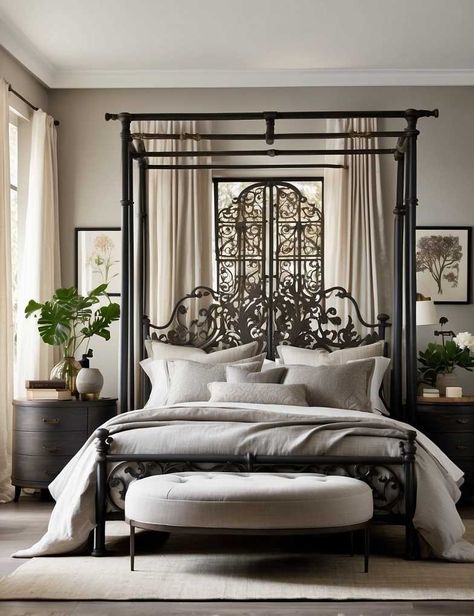 47 Master Bedroom Decorating Ideas with Iron Beds Wrought Iron Headboard Bedroom, Bedrooms With Iron Beds, Black Iron Bed Decor, Bedroom With Iron Bed, Wrought Iron Bedroom, Black Iron Beds, Iron Metal Bed, Wrought Iron Headboard, Decorated Bedroom