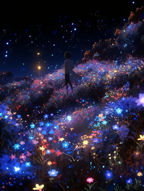 Magical Garden Fantasy Night, Flowers At Night Painting, Anime Flowers Background, Glowing Flowers Aesthetic, Anime Flower Aesthetic, Night Flowers Aesthetic, Anime Background Night, Garden Concept Art, Flower Fantasy Art