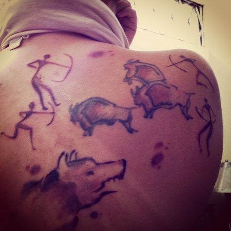 Original Cave painting tattoo by various artists, finished by Marlon "Bug Nasty" Muralles of Germany. Canvas: Evelyn Boy-Mena of Canada. Cave Painting Tattoo, Cave Art Tattoo, Caveman Tattoo, Primal Tattoo, Prehistoric Tattoo, Cave Tattoo, Spear Tattoo, Farcry Primal, Primitive Tattoo